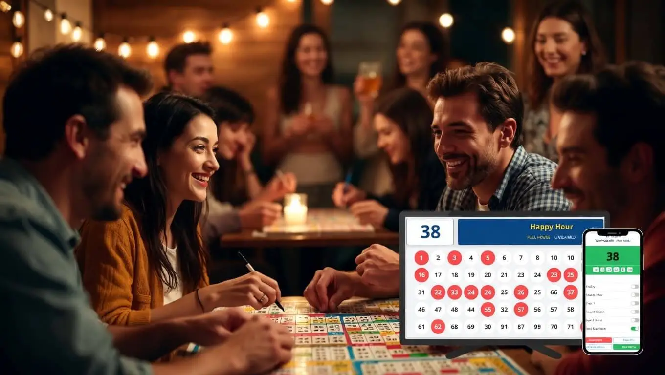 Bingo number display and phone controls alongside players with cards
