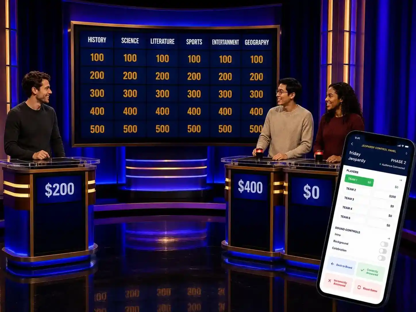 Jeopardy-style category board with host controls shown on a phone
