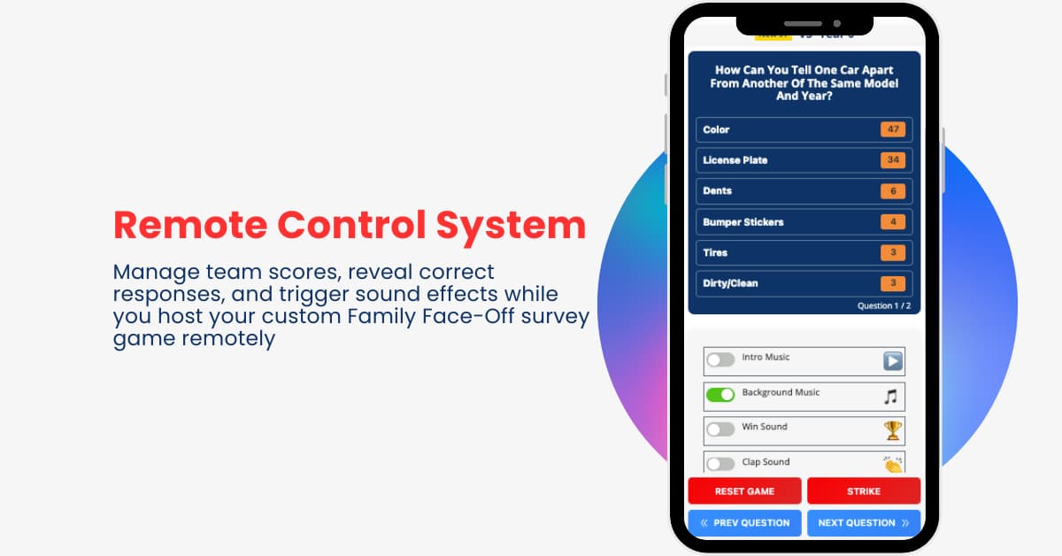 Family Face-Off mobile control panel showing answer reveals, scores, strikes, and sound controls