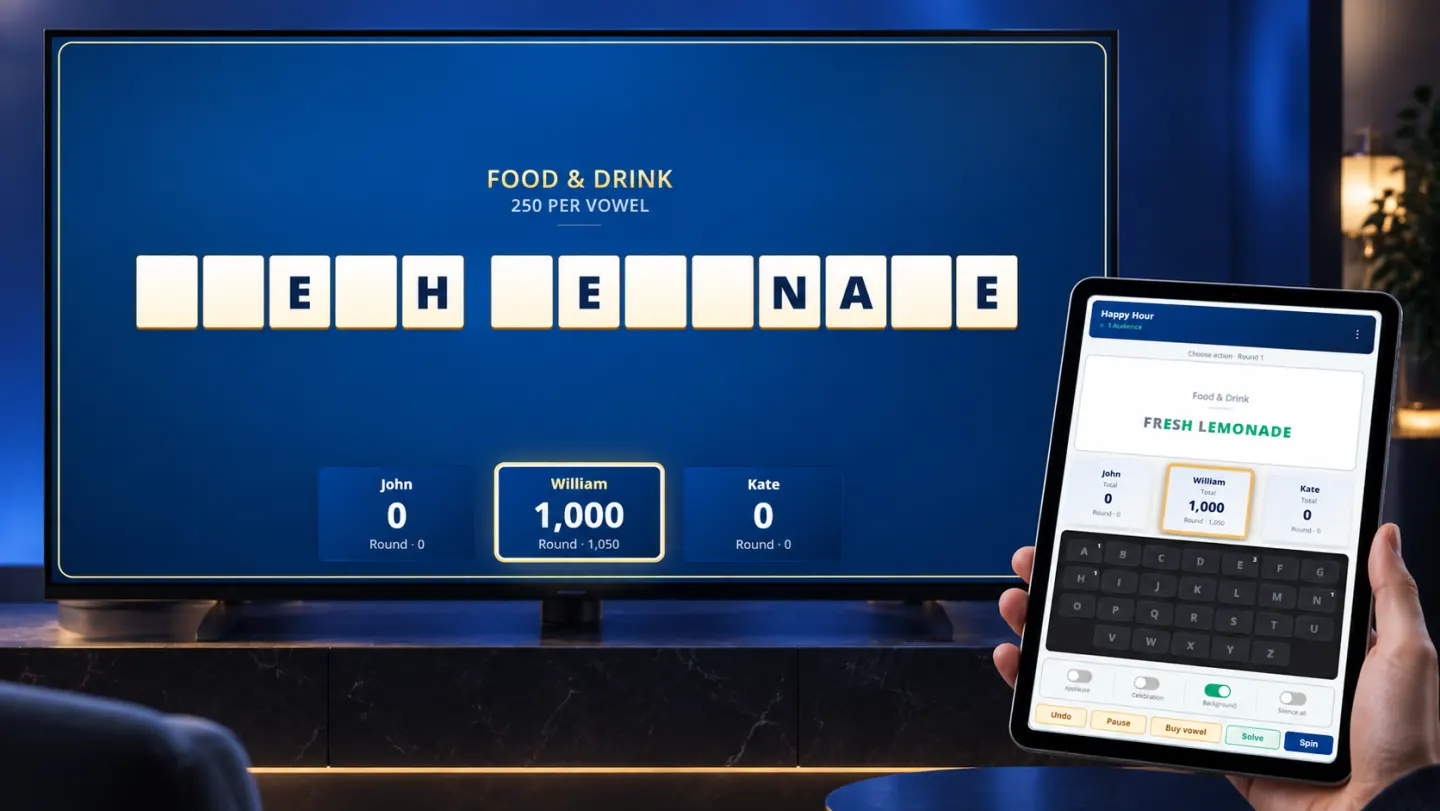 Word Wheel audience puzzle on a TV beside private controls on a tablet
